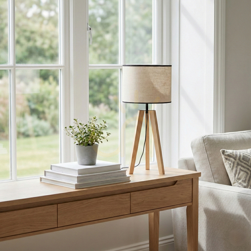 Check Solea Table Lamp, Brown/Black, Beige-Black Lampshade, 1xE27, Ø30 cm