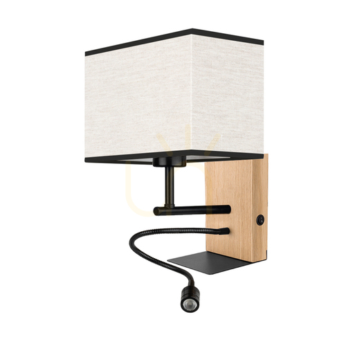 Check Lector Wall Sconce, Oiled Oak/Black, Beige-Black Shade, 1xE27 + 1xLED 2.8 W, 22 cm