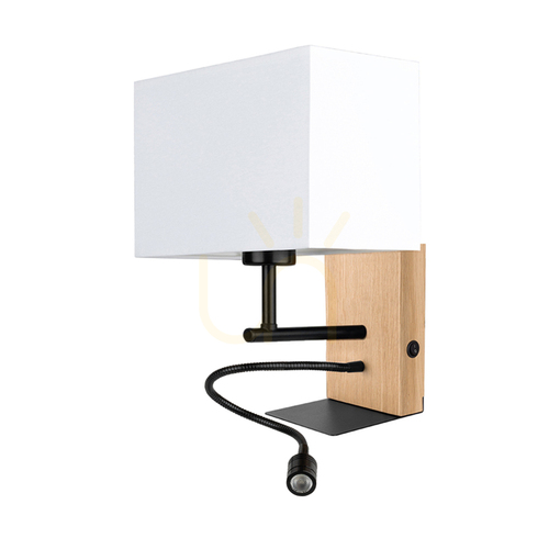 Check Lector Wall Sconce, Oiled Oak/Black, White Shade, 1xE27 + 1xLED 2.8 W, 22 cm