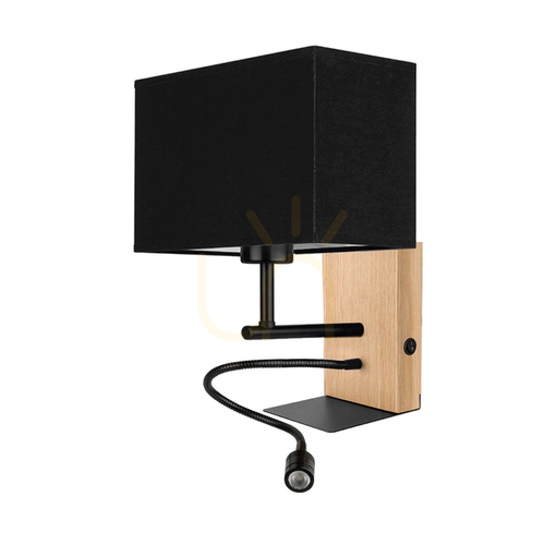 Check Lector Wall Sconce, Oiled Oak/Black, Black Shade, 1xE27 + 1xLED 2.8 W, 22 cm