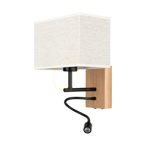 Lector Wall Sconce, Oiled Oak/Black, Beige Shade, 1xE27 + 1xLED 2.8 W, 22 cm small 0