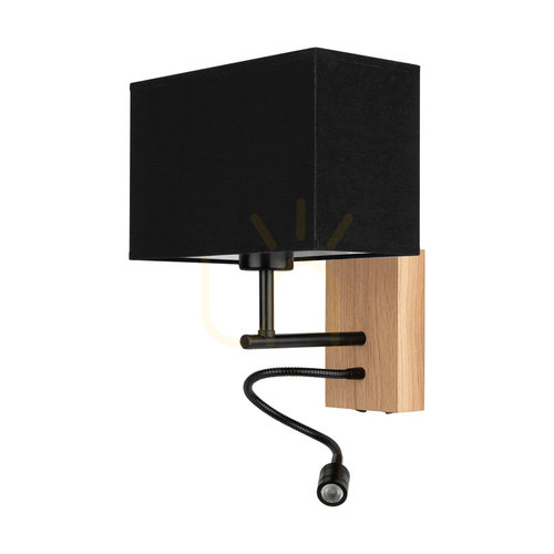 Check Lector Wall Sconce, Oiled Oak/Black, Black Shade, 1xE27 + 1xLED 2.8 W, 22 cm