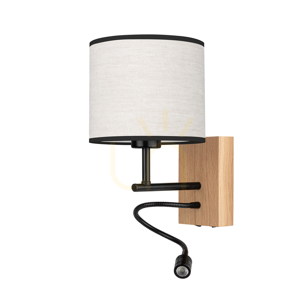 Check Lector Wall Sconce, Oiled Oak/Black, Beige-Black Lampshade, 1xE27 + 1xLED 2.8 W, 21.5 cm Lector Wall Sconce, Oiled Oak/Black, Beige-Black Lampshade, 1xE27 + 1xLED 2.8 W, 21.5 cm