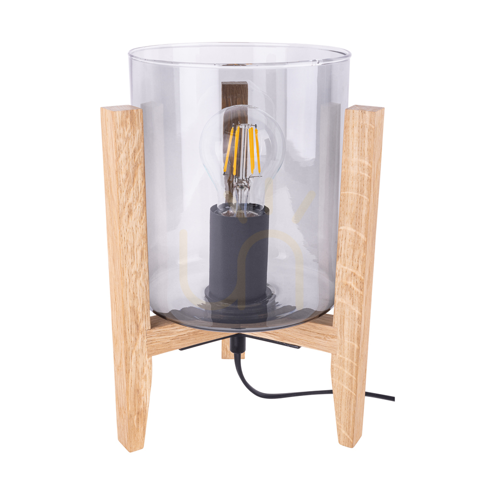 Smoky Table Lamp, 1xE27, Max. 60W, Oiled Oak/Black PVC/Smoked Glass, 18 cm