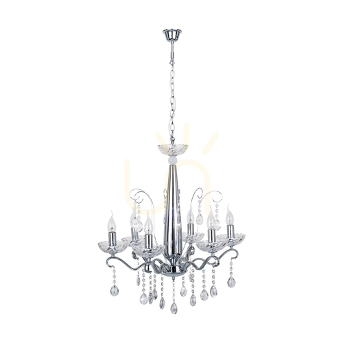 Check Alessa Chandelier, 6xE14, Max. 40W, Chrome Metal/Clear Crystal Glass, Ø61 cm