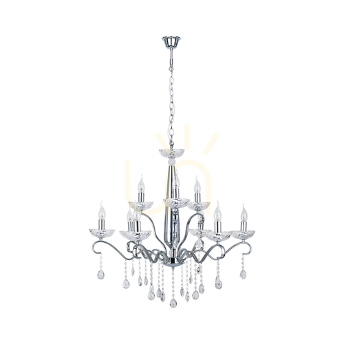 Check Alessa Chandelier, 9xE14, Max. 40W, Chrome Metal/Clear Crystal Glass, Ø83 cm