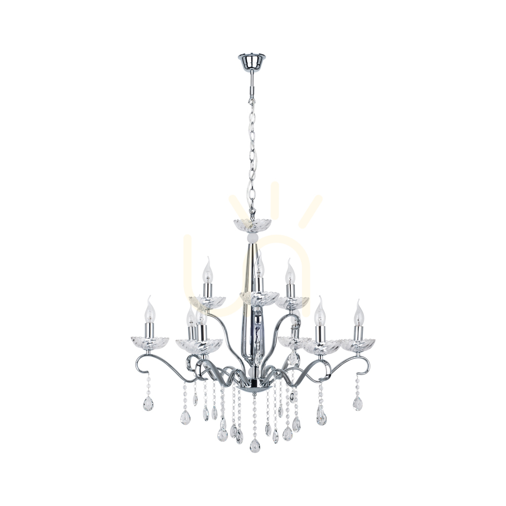 Alessa Chandelier, 9xE14, Max. 40W, Chrome Metal/Clear Crystal Glass, Ø83 cm