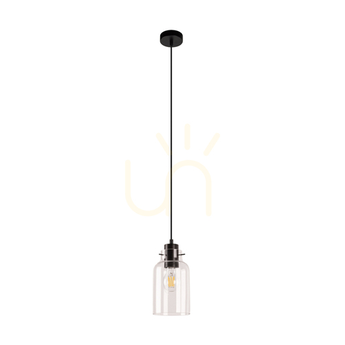 Check Alessandro Pendant Light, 1xE27, Max. 60W, Beech and Walnut Wood / Black Metal / Black PVC Cable / Clear Glass Shade, Ø10 cm