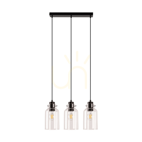 Check Alessandro Pendant Light, 3xE27, Max. 60W, Beech and Walnut Wood / Black Metal / Black PVC Cable / Clear Glass Shade, 52 cm