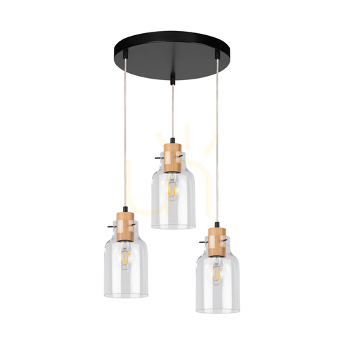 Check Alessandro Pendant Light, 3xE27, Max. 60W, Oiled Oak/Black Metal/Transparent PVC Cable/Transparent Glass Shade, Ø30 cm