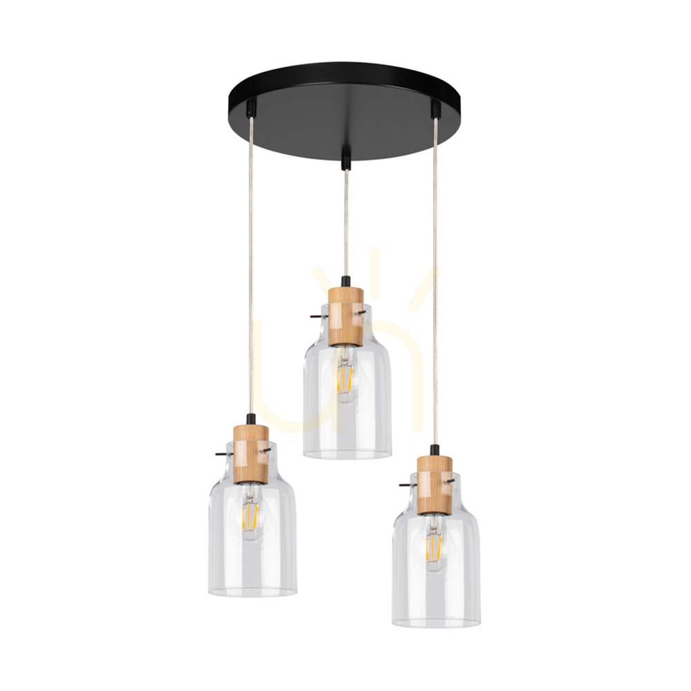 Alessandro Pendant Light, 3xE27, Max. 60W, Oiled Oak/Black Metal/Transparent PVC Cable/Transparent Glass Shade, Ø30 cm