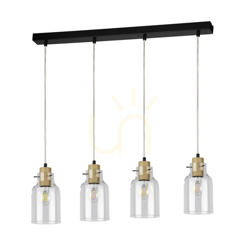 Check Alessandro Pendant Light, 4xE27, Max. 60W, Oiled Oak/Black Metal/Transparent PVC Cable/Transparent Glass Shade, 75 cm