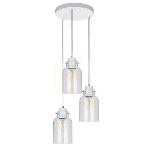 Check Alessandro Pendant Light, 3xE27, Max. 60W, White Metal / Transparent PVC Cable / Transparent Glass Shade, Ø22 cm