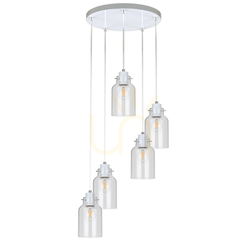 Check Alessandro Pendant Light, 5xE27, Max. 60W, White Metal / Transparent PVC Cable / Transparent Glass Shade, Ø35 cm