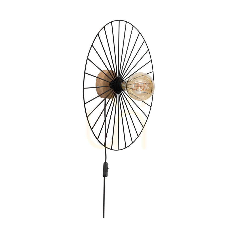 Antonella Wall Sconce 1xE27 Max. 25W Oiled Oak/Black Metal/Black Braided Cable Ø9 cm