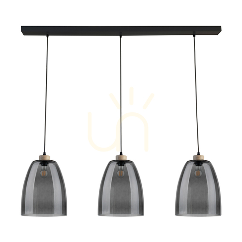 Check Asmara Pendant Light, 3xE27, Max. 60W, Oiled Oak/Black Metal/Black PVC Cable/Smoked Glass Shade, 125 cm