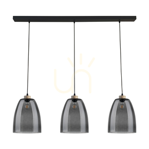 Asmara Pendant Light, 3xE27, Max. 60W, Oiled Oak/Black Metal/Black PVC Cable/Smoked Glass Shade, 125 cm small 0