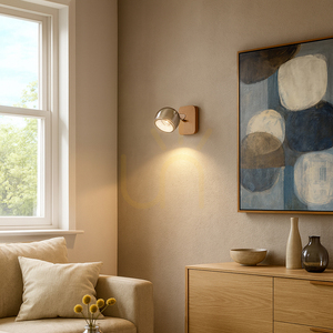 Ball Wood Wall Sconce, Includes 1x GU10 LED (Max. 6W), Oiled Oak / Satin Metal, 14 cm small 1