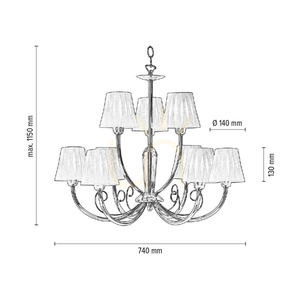 Borgia Chandelier, 9xE14, Max. 40W, Chrome Metal/Red and Black Lampshade, Ø74 cm small 2