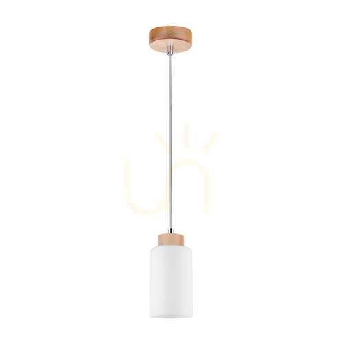 Check Bosco Pendant Light, 1xE27, Max. 60W, Birch/Transparent PVC Cable/White Glass Shade, Ø10 cm