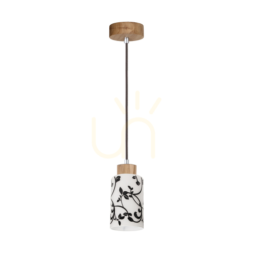 Check Bosco Pendant Light, 1xE27, Max. 60W, Oiled Oak/Anthracite, Braided Cable/White-Black, Glass Shade Ø10 cm