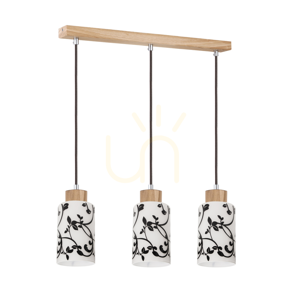 Bosco Pendant Light, 3xE27, Max. 60W, Oiled Oak/Anthracite, Braided Cable/Black and White, Glass Shade, 54 cm