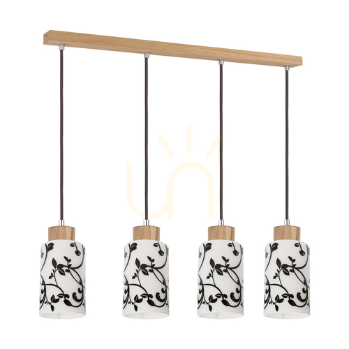 Check Bosco Pendant Light, 4xE27, Max. 60W, Oiled Oak/Anthracite, Braided Cable/Black and White, Glass Shade, 75 cm