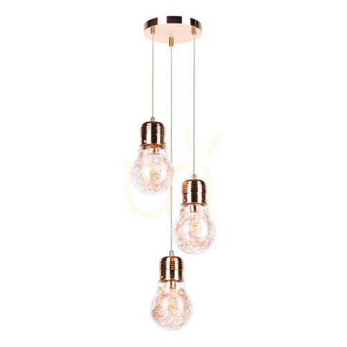 Check Bulb Pendant Light 3XE27 Max. 60W Copper Metal / Transparent PVC Cable / Transparent Glass Shade Ø20 cm