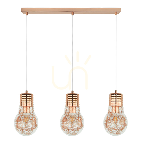 Check Bulb Pendant Light 3XE27 Max. 60W Copper Metal/Transparent PVC Cable/Transparent Glass Shade 60 cm