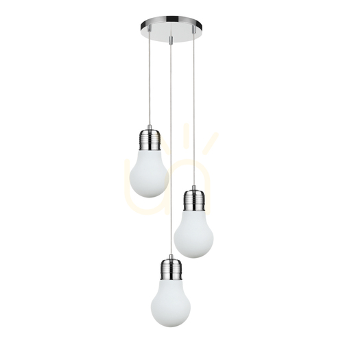Check Bulb Pendant Light, 3xE27, Max. 60W, Chrome Metal / Transparent PVC Cable / White Glass Shade, Ø33 cm