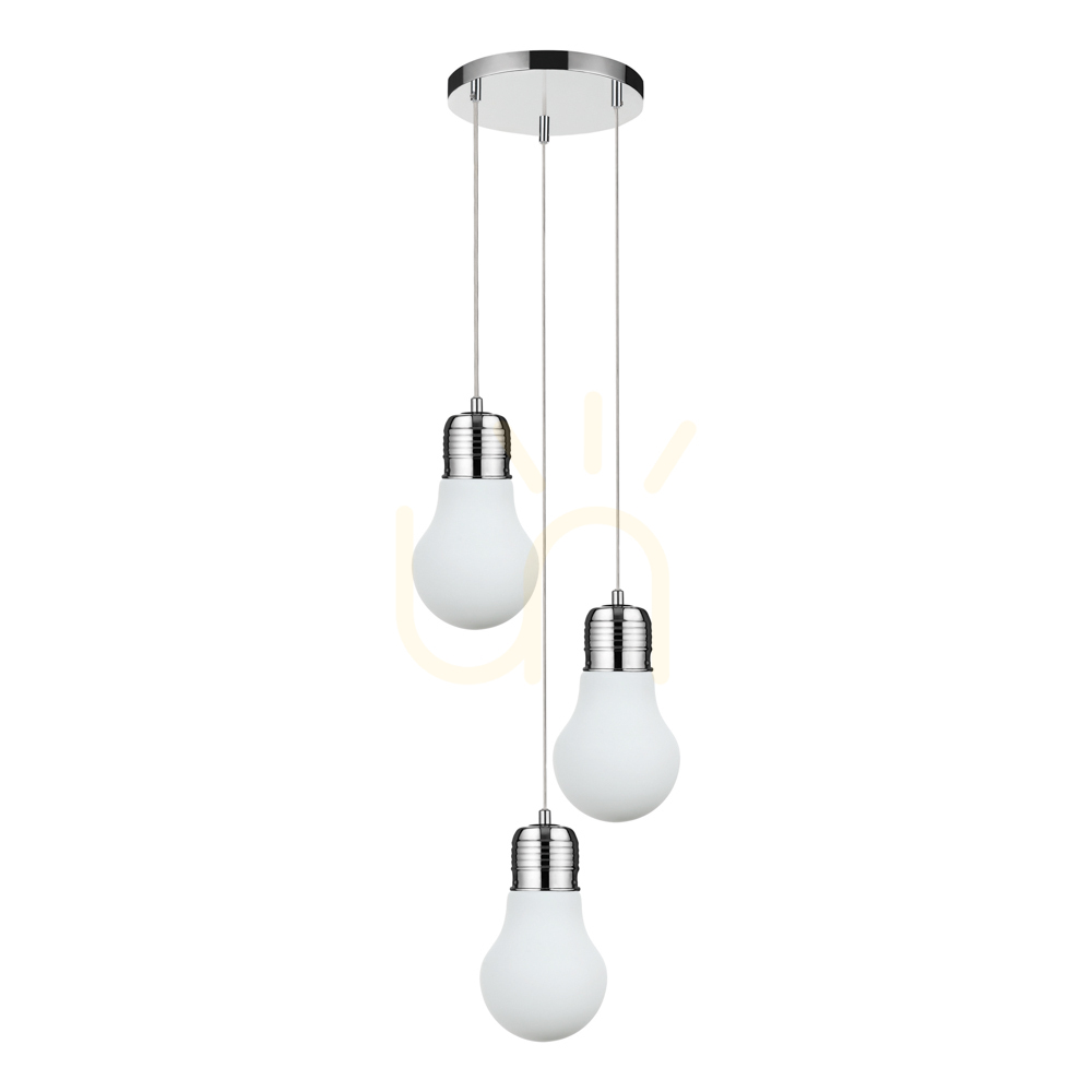Bulb Pendant Light, 3xE27, Max. 60W, Chrome Metal / Transparent PVC Cable / White Glass Shade, Ø33 cm