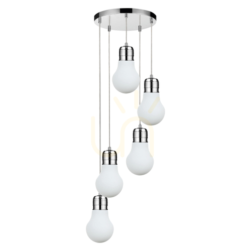 Check Bulb Pendant Light, 5xE27, Max. 60W, Chrome Metal / Transparent PVC Cable / White Glass Shade, Ø45 cm