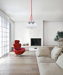 Bulb Pendant Light, 7xE27, Max. 60W, Chrome Metal/Red Braided Cable/White Glass Shade, Ø45 cm small 2