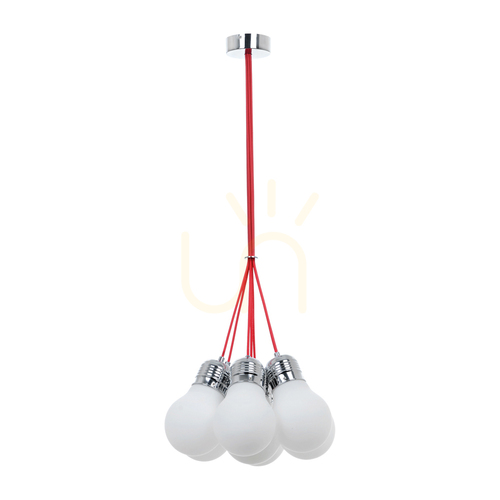 Check Bulb Pendant Light, 7xE27, Max. 60W, Chrome Metal/Red Braided Cable/White Glass Shade, Ø45 cm
