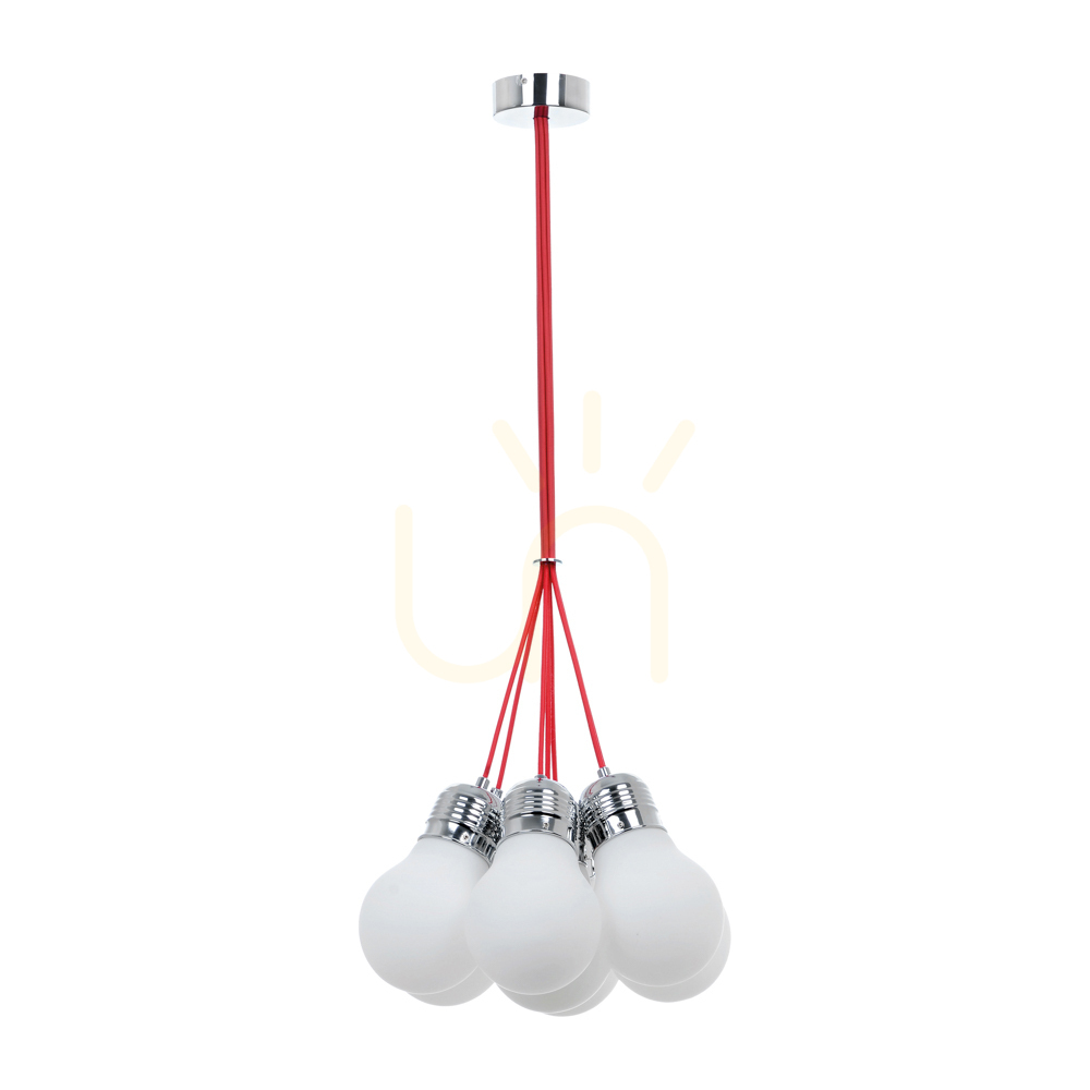 Bulb Pendant Light, 7xE27, Max. 60W, Chrome Metal/Red Braided Cable/White Glass Shade, Ø45 cm