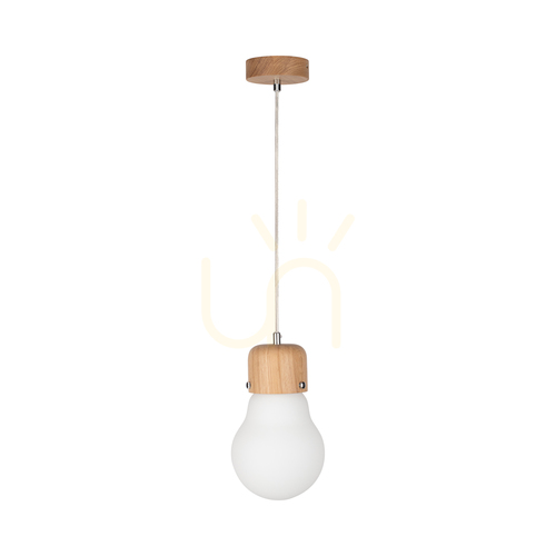 Check Bulb Wood Pendant Light, 1xE27, Max. 60W, Oiled Oak / Transparent PVC Cable / White Glass Shade, Ø15 cm