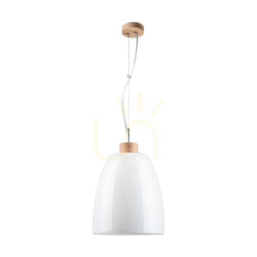 Check Campana Pendant Light, 1xE27, Max. 60W, Oiled Oak / Transparent PVC Cable / White Glass Shade, Ø30 cm