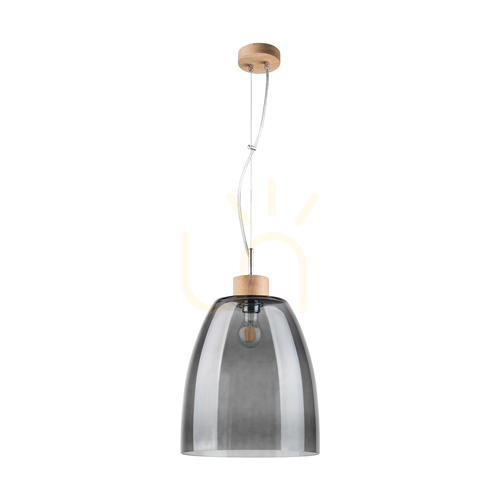 Check Campana Pendant Light, 1xE27, Max. 60W, Oiled Oak / Transparent PVC Cable / Smoked Glass Shade, Ø30 cm