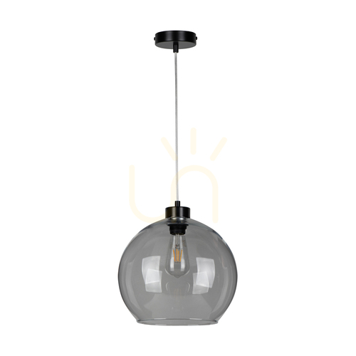 Check Canberra Pendant Light, 1xE27, Max. 60W, Black Metal/Transparent PVC Cable/Smoked Glass Shade, Ø30 cm