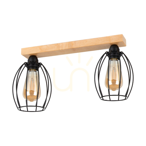 Check Carlo Ceiling Light, 2xE27, Max. 60W, Birch/Black Metal Shade, 35 cm