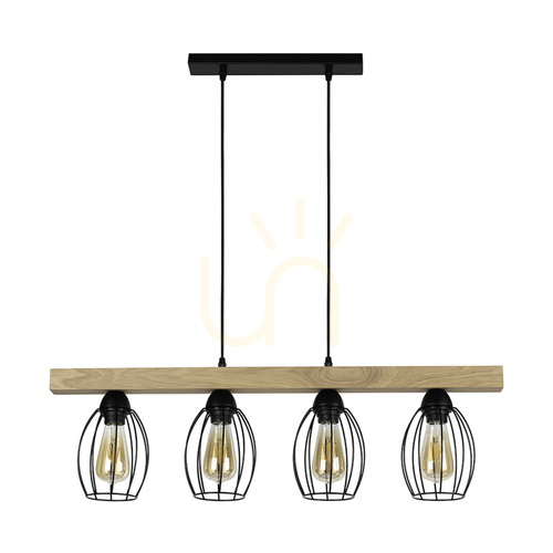 Check Carlo Pendant Light 4xE27 Max. 60W Oiled Oak/Black Metal/Black PVC Cable/Black Metal Shade 86 cm