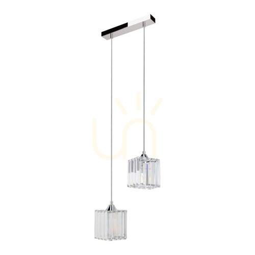 Check Casino Pendant Light, 2xE27, Max. 60W, Chrome Metal / Transparent PVC Cable / Transparent Crystal Shade, 33 cm