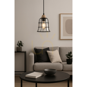 Chicka Pendant Light, 1xE27, Max. 60W, Birch/Black Metal/Black PVC Cable/Clear Glass Shade, Ø16.5 cm small 1