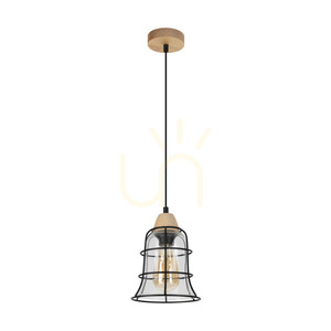 Chicka Pendant Light, 1xE27, Max. 60W, Birch/Black Metal/Black PVC Cable/Clear Glass Shade, Ø16.5 cm small 0