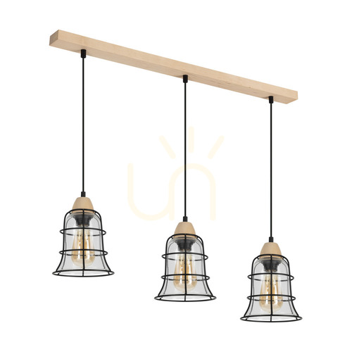 Check Chicka Pendant Light, 3xE27, Max. 60W, Birch/Black Metal/Black PVC Cable/Clear Glass Shade, 75 cm