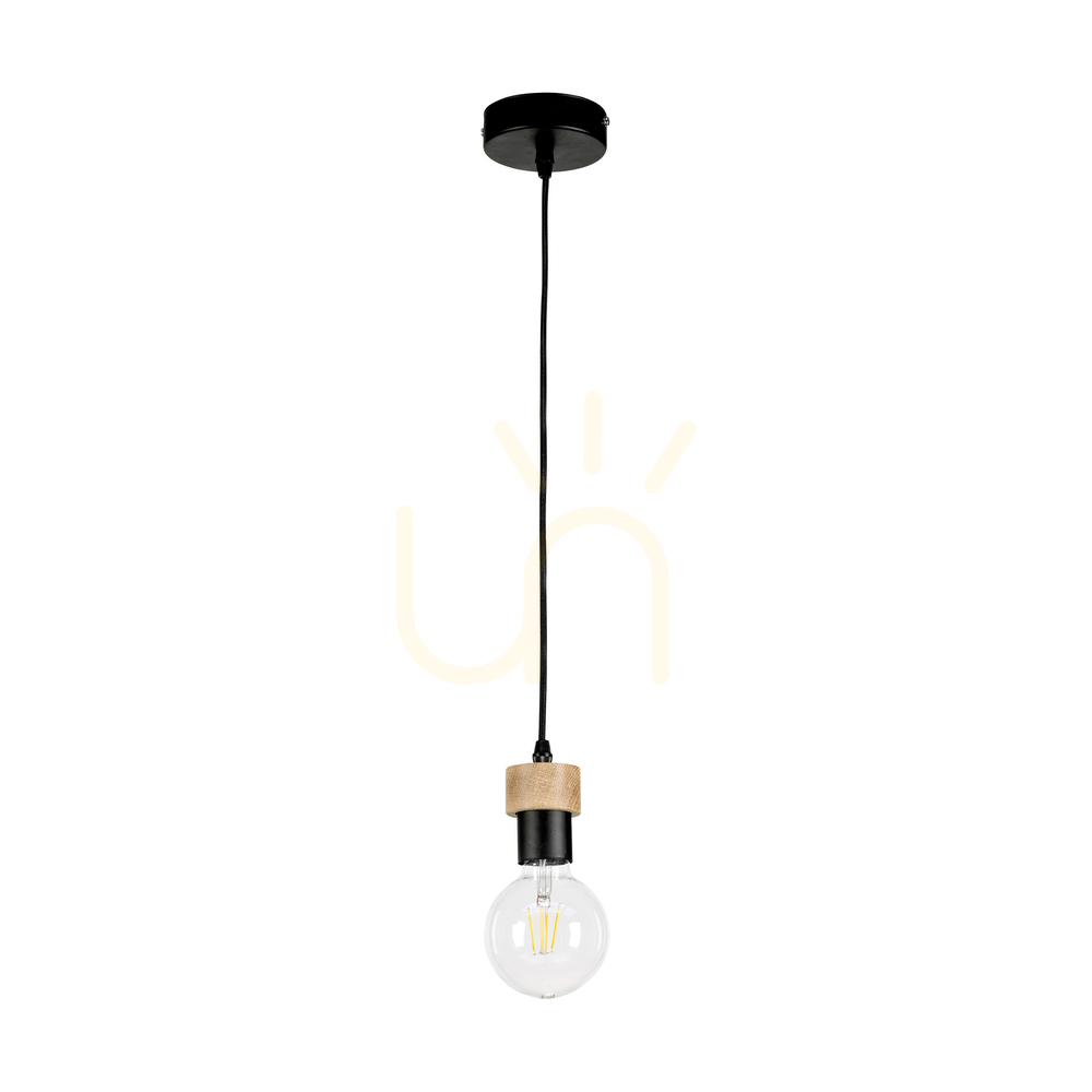 Clarte Pendant Light, 1xE27, Max. 60W, Oiled Oak/Black Metal/Black Braided Cable, Ø10 cm