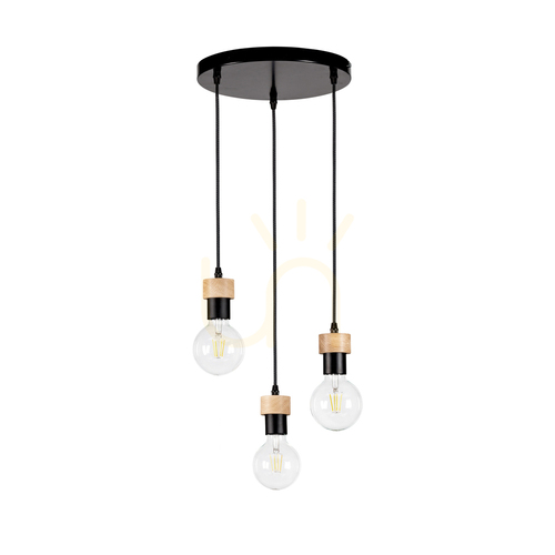 Check Clarte Pendant Light, 3xE27, Max. 60W, Oiled Oak/Black Metal/Black Braided Cable, Ø30 cm