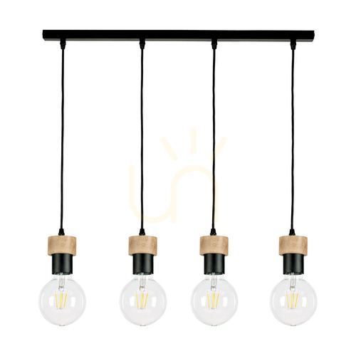 Check Clarte Pendant Light, 4xE27, Max. 60W, Oiled Oak/Black Metal/Black Braided Cable, 75 cm