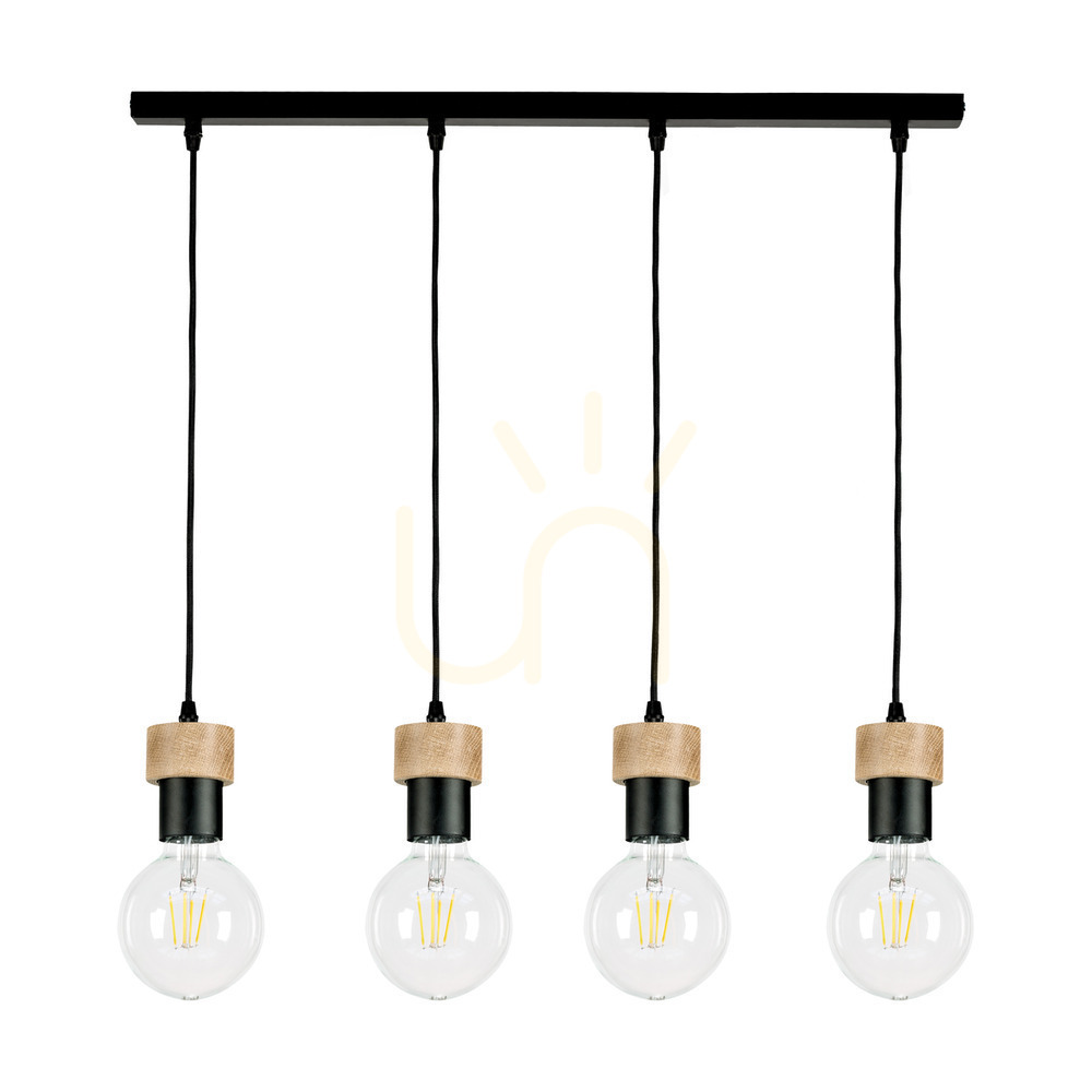 Clarte Pendant Light, 4xE27, Max. 60W, Oiled Oak/Black Metal/Black Braided Cable, 75 cm