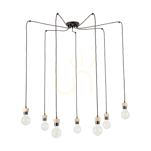 Check Clarte Pendant Light, 7xE27, Max. 60W, Oiled Oak/Black Metal/Black Braided Cable, Ø15 cm